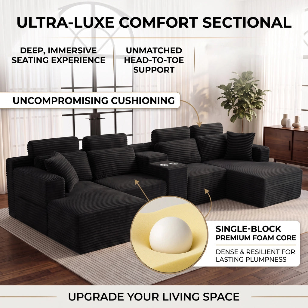 Divano Angolare Modulare a U 372 cm Cloud Sofa con Portabicchieri Integrati; Nero