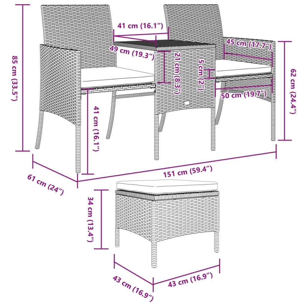 Divano da Giardino a 2 Posti Tavolino e Pouf Polyrattan Grigio 313593