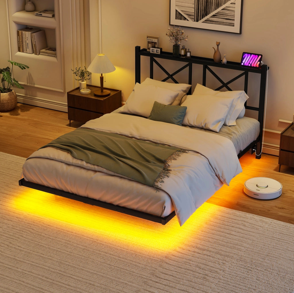 Letto 120x200 cm in metallo con LED e stazione di ricarica