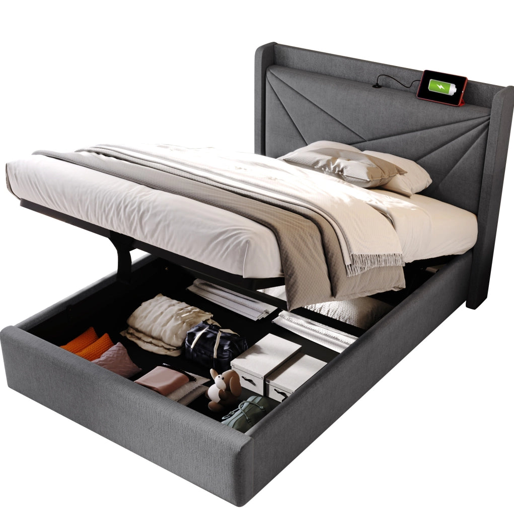 Letto singolo imbottito con contenitore 90x200 cm, USB e Type-C, grigio