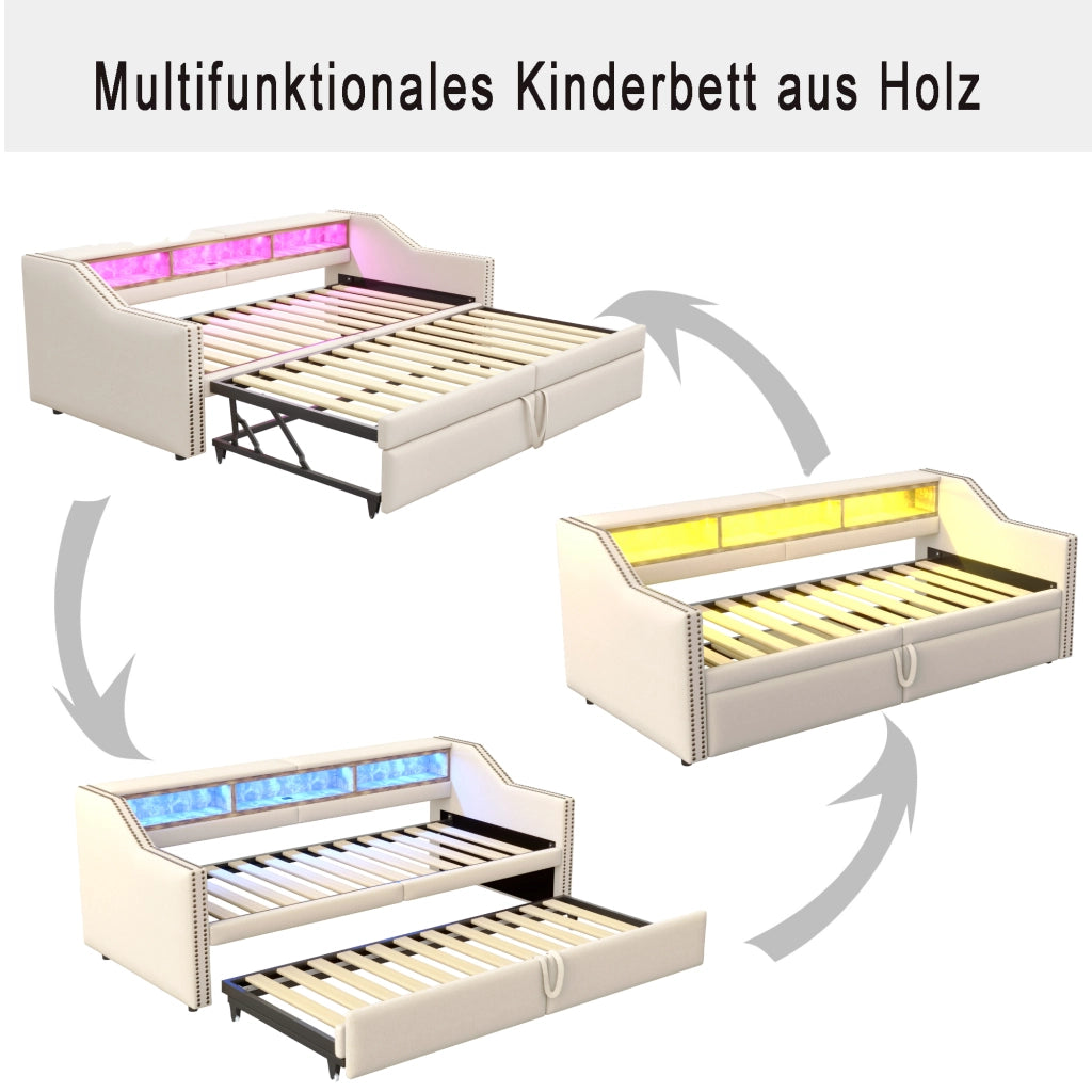 Divano letto imbottito estraibile con rete a doghe e due materassi a molle beige con LED e USB