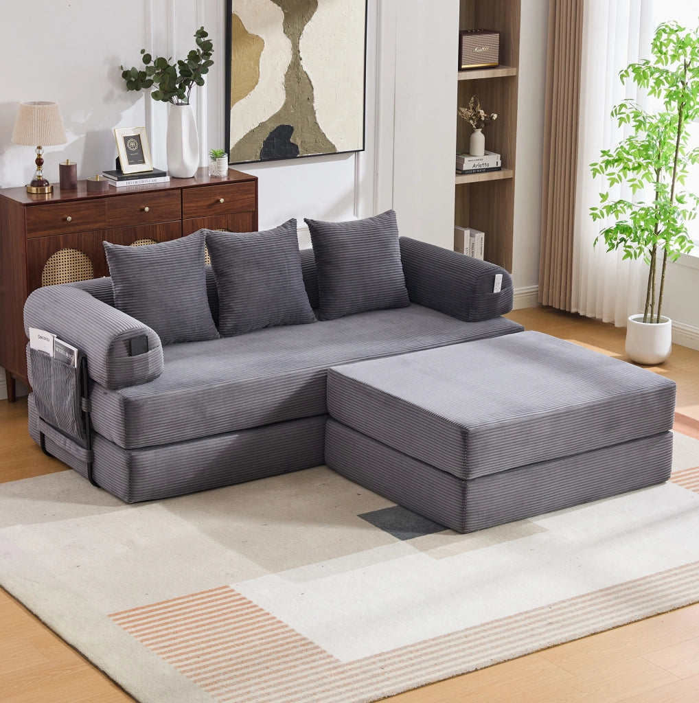 Divano modulare in velluto a coste con pouf, 3 cuscini e tasca laterale, grigio scuro