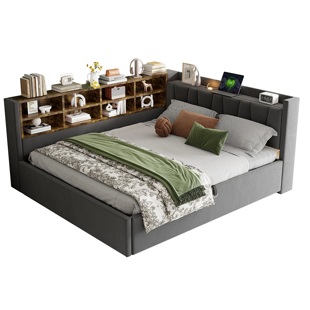Divano letto-Xylo-140x200 cm-LED, USB-C, velluto grigio scuro