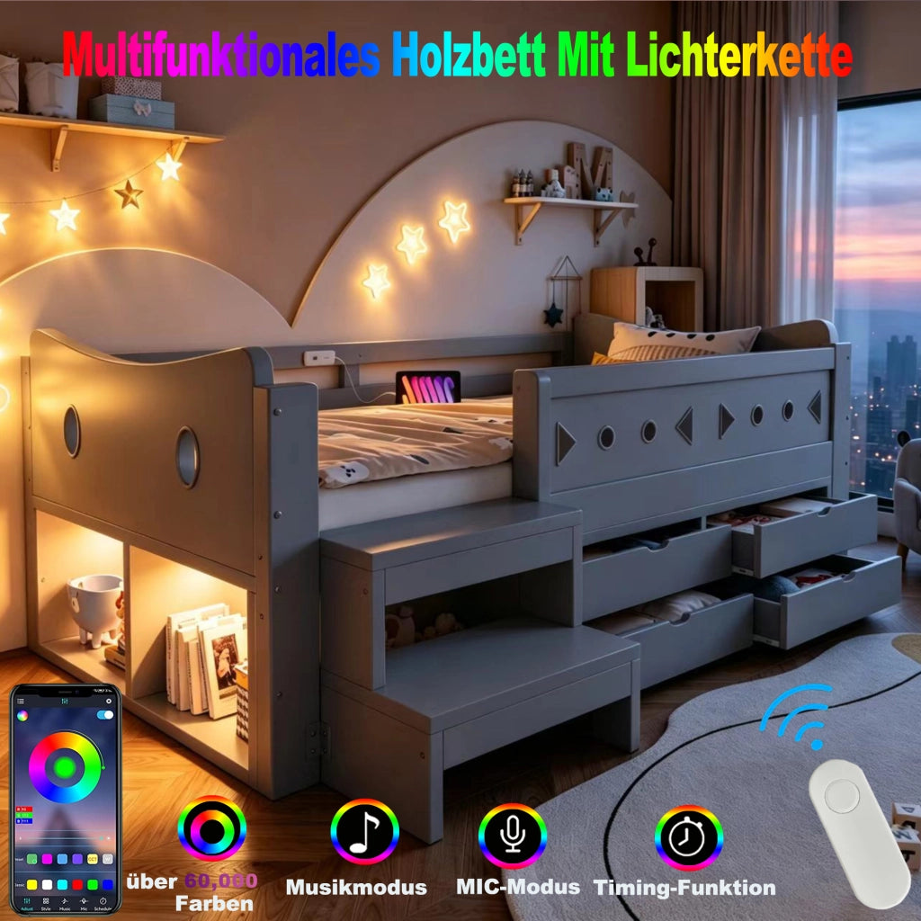Letto per bambini 90x200 cm con LED; USB e Type-C; 4 cassetti; sponde e scale; legno grigio