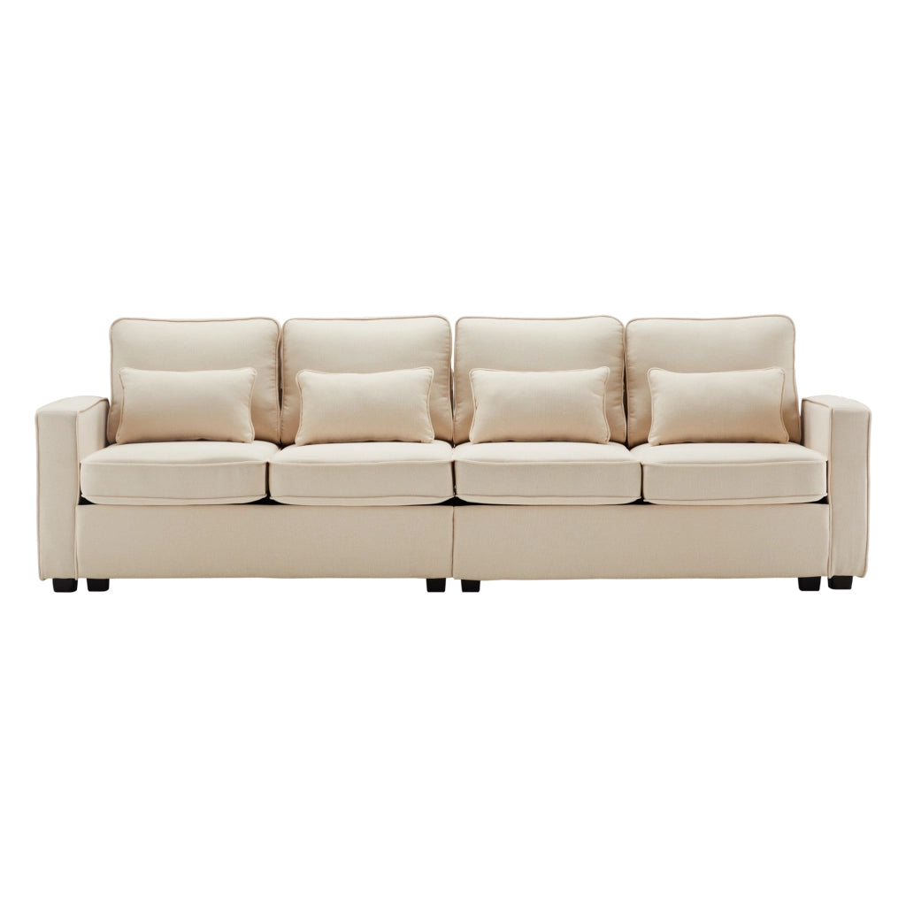 Divano 4 posti in tessuto di lino beige con tasche laterali e 4 cuscini, 264x83x87 cm