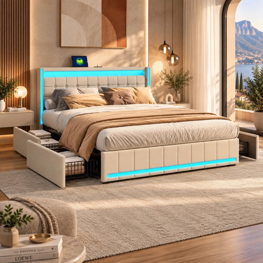 Letto matrimoniale con Contenitore 160x200 cm;letto imbottito 160x200 con 4 cassetti; LED e USB; letto con rete a doghe;Beige Lino;Senza Materasso