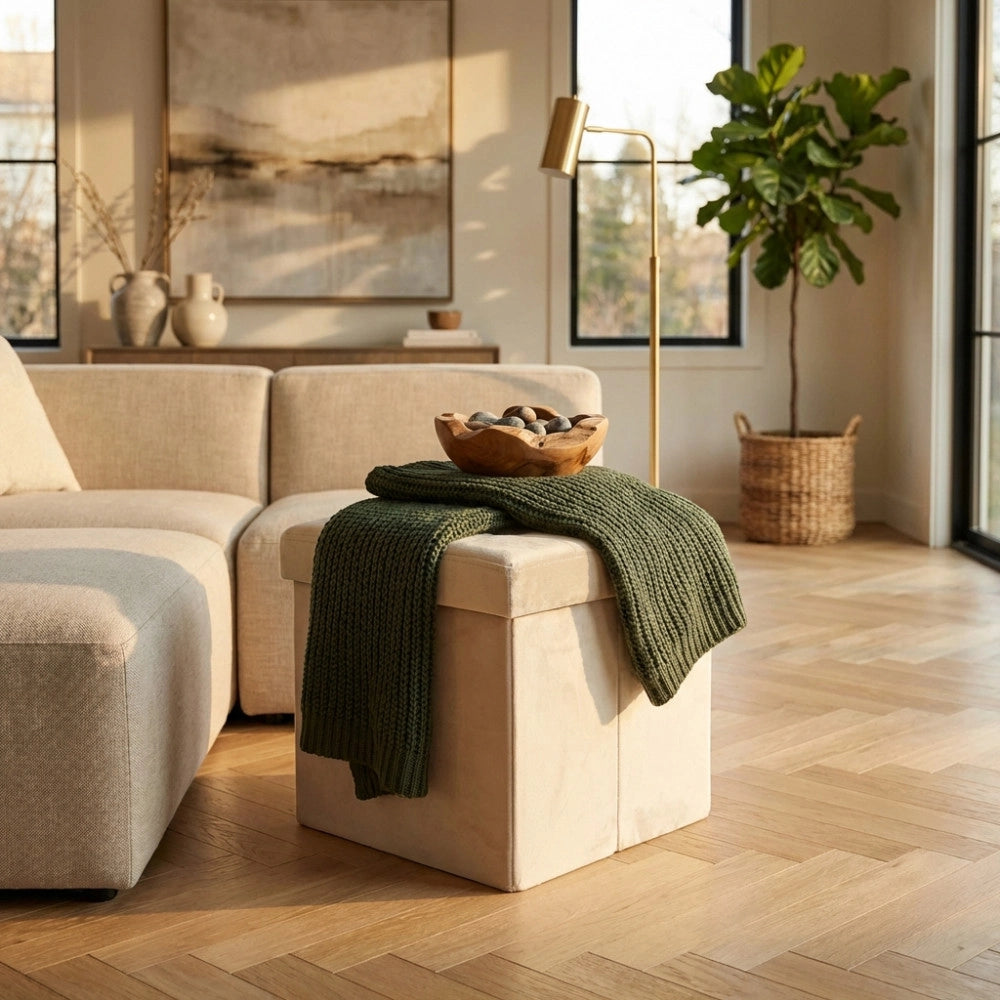 POUF CONTENITORE QUADRATO IN VELLUTO BEIGE