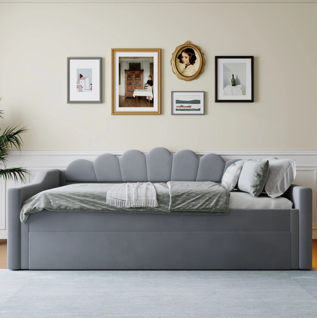 Letto daybed imbottito 140x200 cm con letto estraibile e LED; grigio