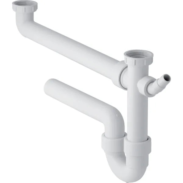 Sifone bianco curvo Geberit per due lavelli, con portagomma a gomito, extra-lungo, scarico orizzontale  Ø 40 x 11/2