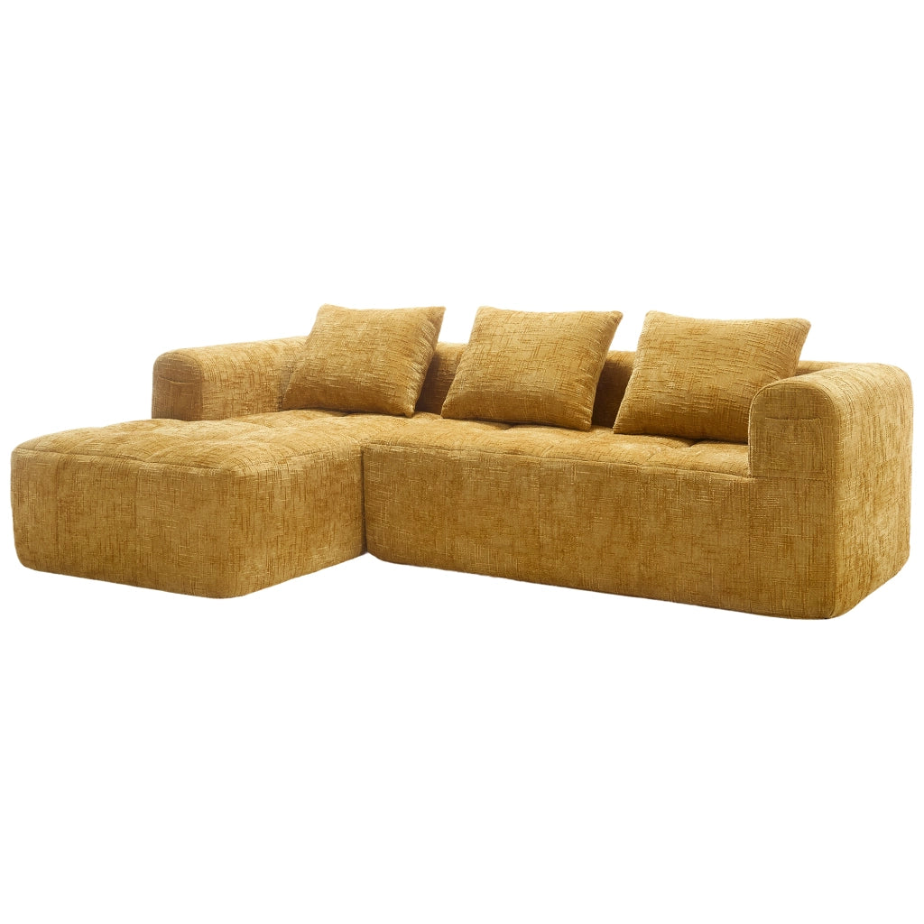 Divano componibile L in chenille gialla con chaise longue, tasche laterali e 3 cuscini