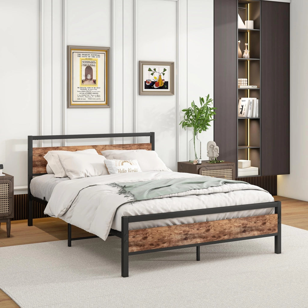 Letto una piazza e mezza 140 × 200 cm con rete a doghe e vano sottoletto in metallo e MDF, marrone antico