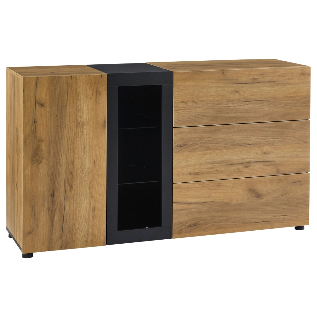 Sideboard moderno 140 cm con LED APP; 3 cassetti; ripiani in vetro; nero e marrone