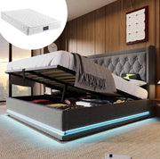 LETTO contenitore 160x200 cm in cotone grigio con LED, USB, Type-C e materasso