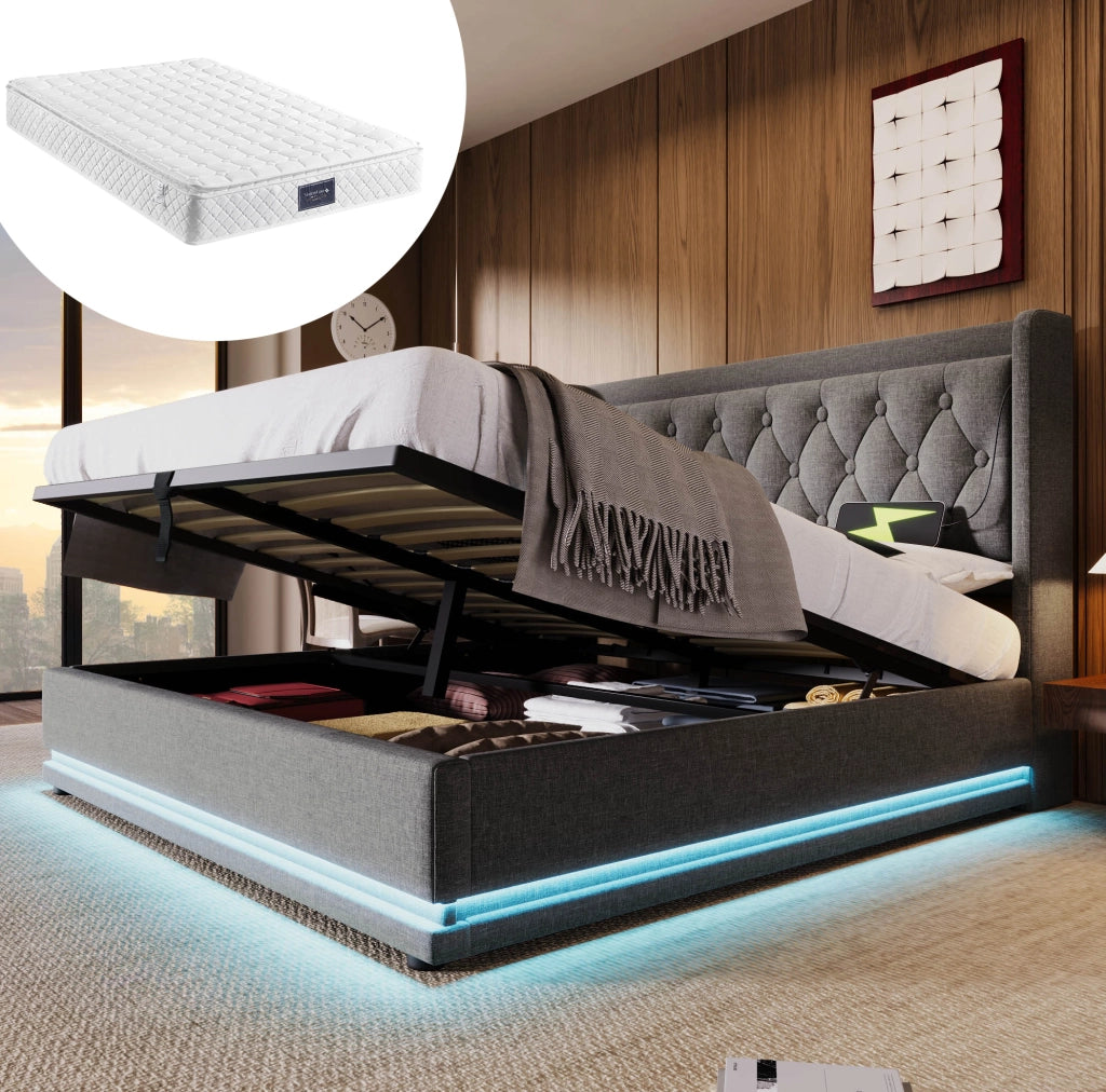 LETTO contenitore 160x200 cm in cotone grigio con LED, USB, Type-C e materasso