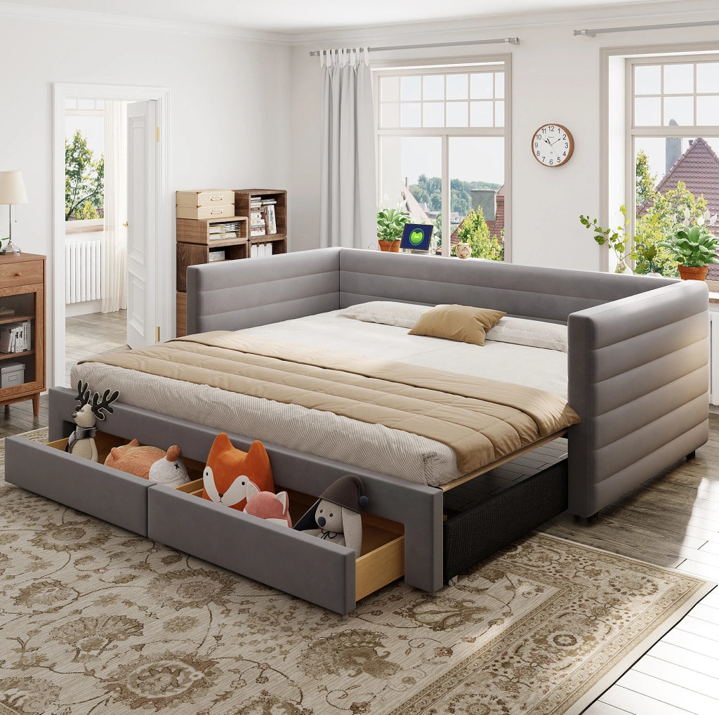 Letto imbottito estraibile 3 in 1 90x190 cm grigio