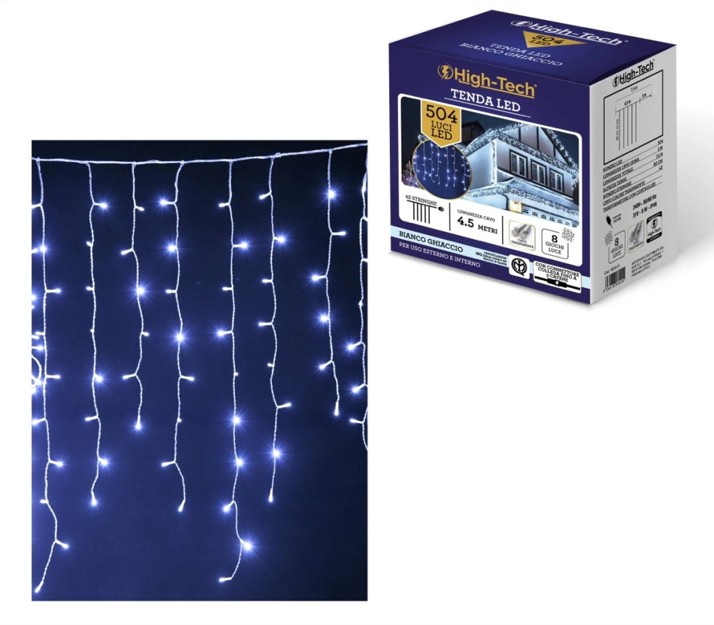 HIGH-TECH TENDA A CADUTA CON 504 LUCI LED IN COLORE BIANCO GHIACCIO