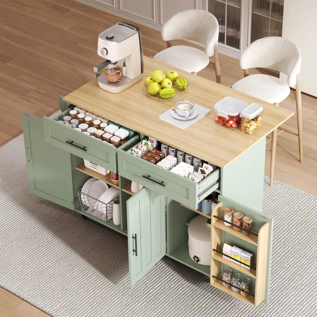 Carrello da cucina verde antico 129 cm con piano pieghevole estensibile; isola cucina con ruote; MDF e legno; 2 cassetti