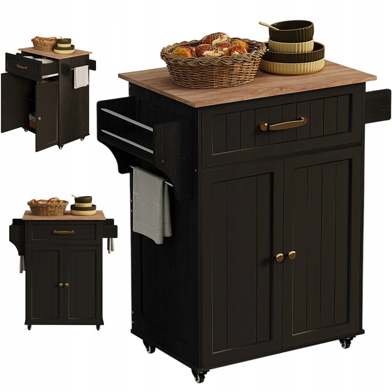 CARRELLO DA CUCINA NERO CON PIANO DI LAVORO, CASSETTO E ANTE – STILE LOFT MODERNO