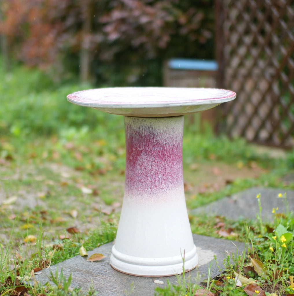 Fontana per uccelli in ceramica artigianale Ø 43 cm, altezza 45 cm, smalto sfumato bianco-rosa, resistente agli agenti atmosferici, per giardino e balcone