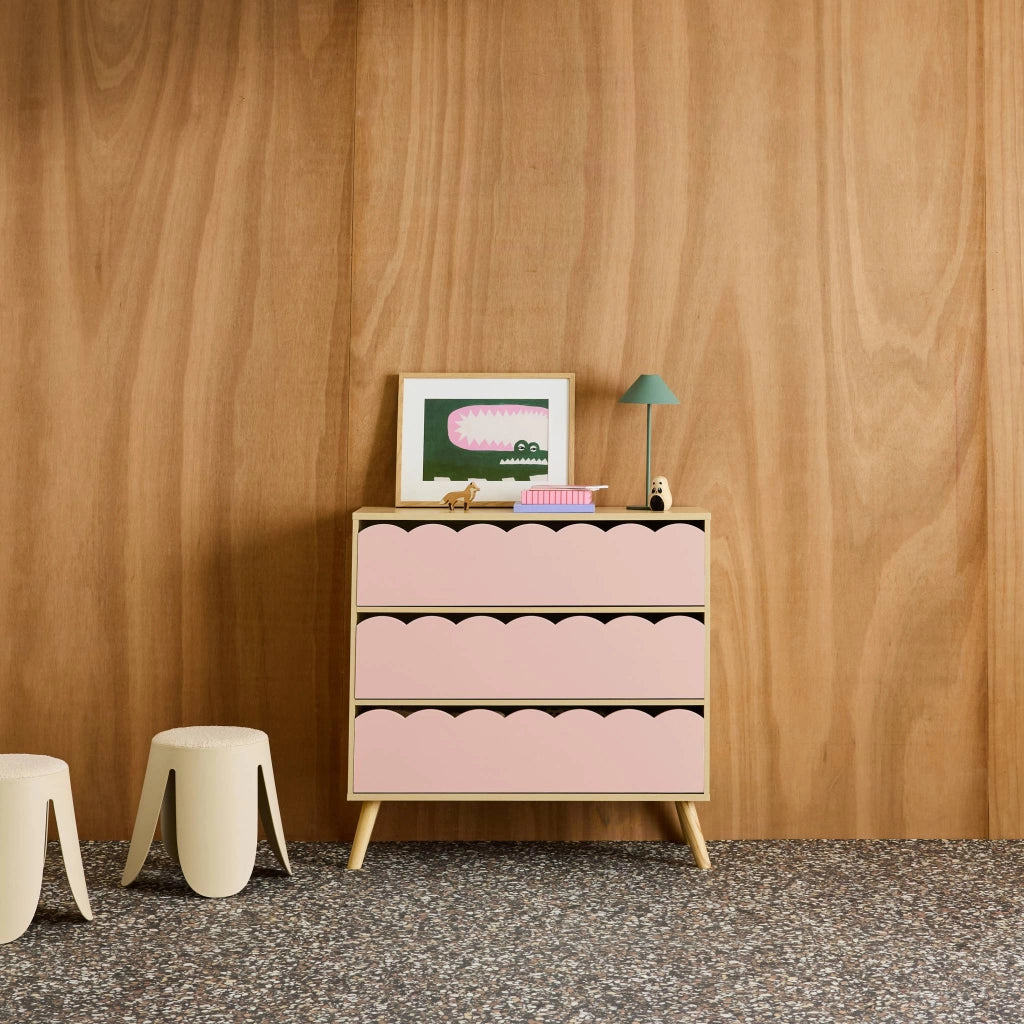 Cassettiera per bambini effetto legno 3 cassetti, rosa