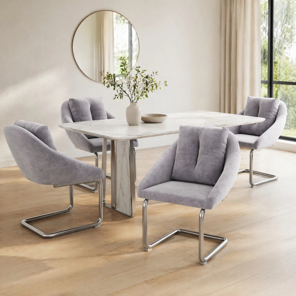 Sedia da Pranzo Set da 4 con Design Ergonomico e Gambe in Metallo, in Velluto Grigio