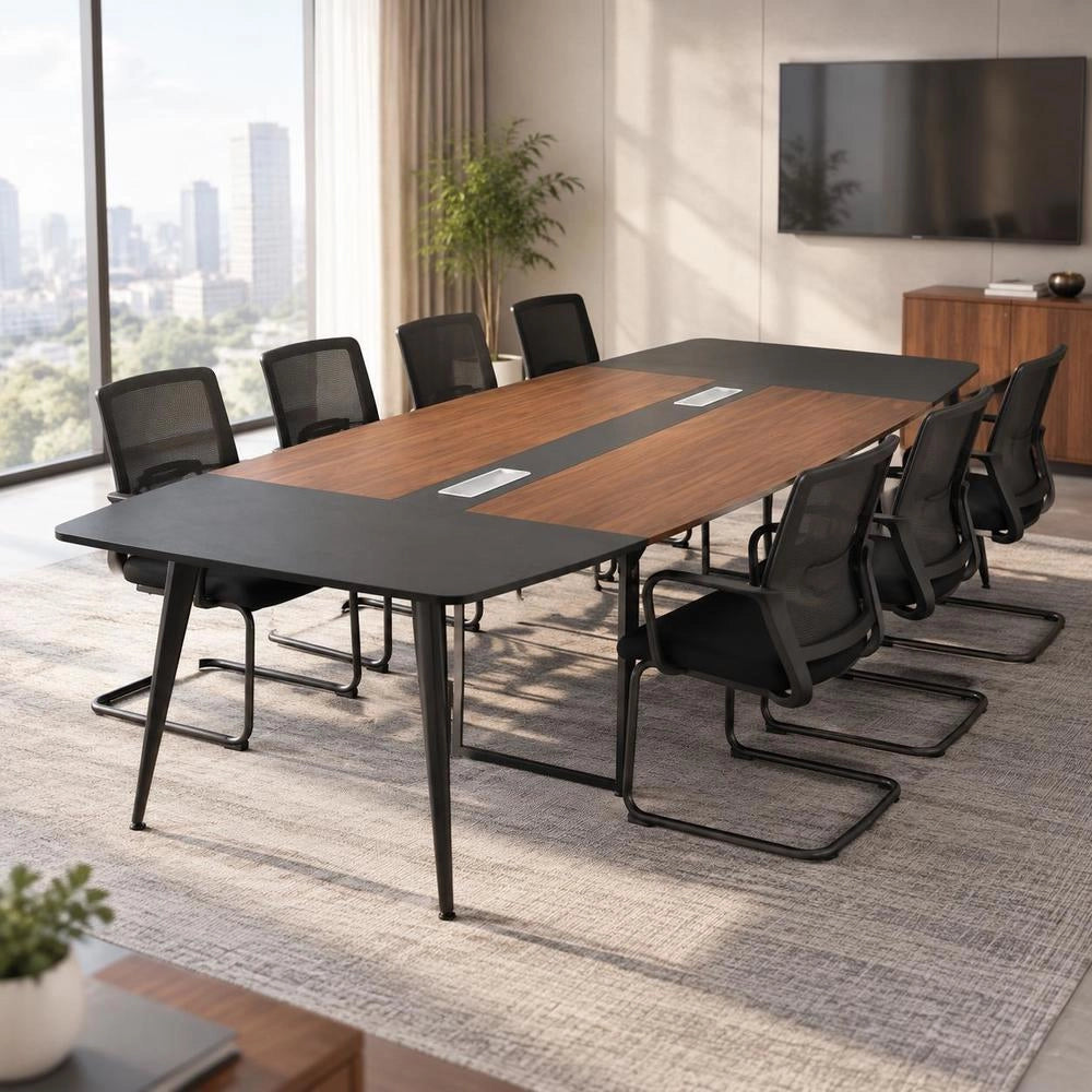 Conference Table, 2400 Mm Boat Shaped Office Meeting Table For 10 Person, Modern Large Boat Meeting Desk With Metal Legs, For Office, Boardroom, Conference Room, Easy Assembly, Black & Brown