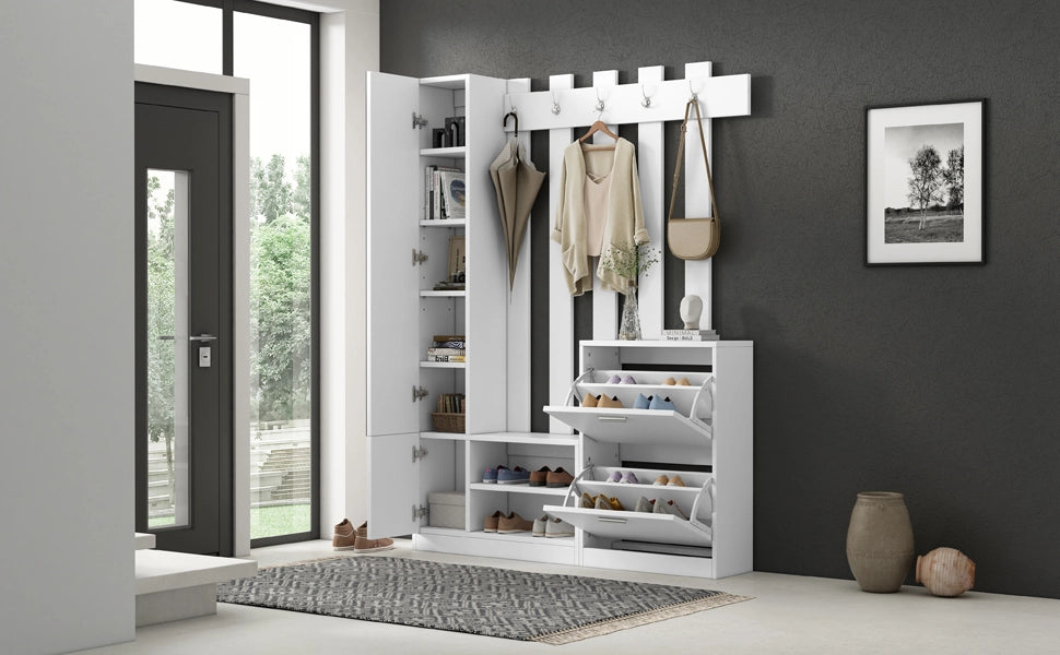 Mobile Ingresso con Specchio e Scarpiera Guardaroba Bianco 135x25x180 cm