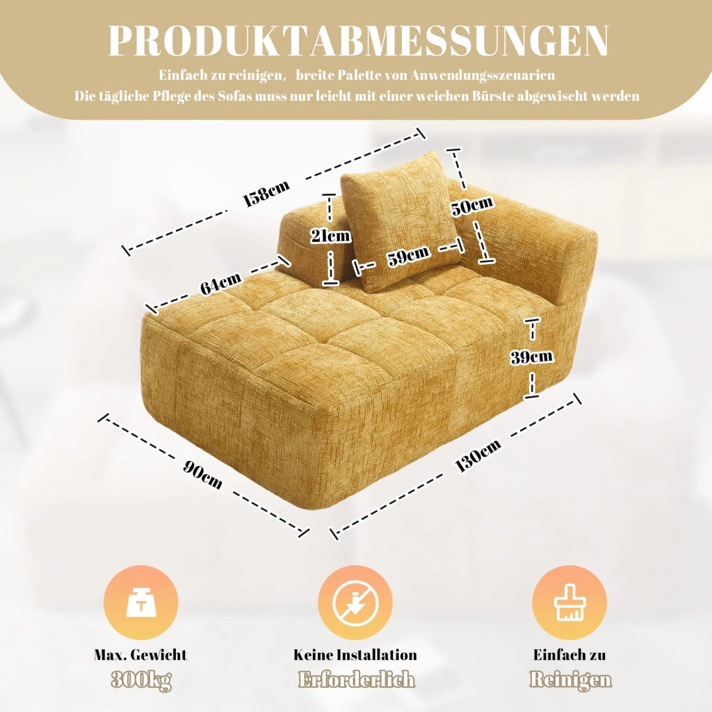 Divano chaise lounge imbottito in chenille giallo, con cuscino e tasche laterali, design moderno