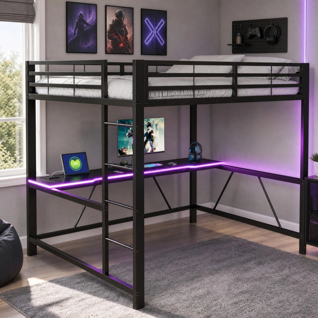 Letto a soppalco 160x200 cm con scrivania e LED; nero