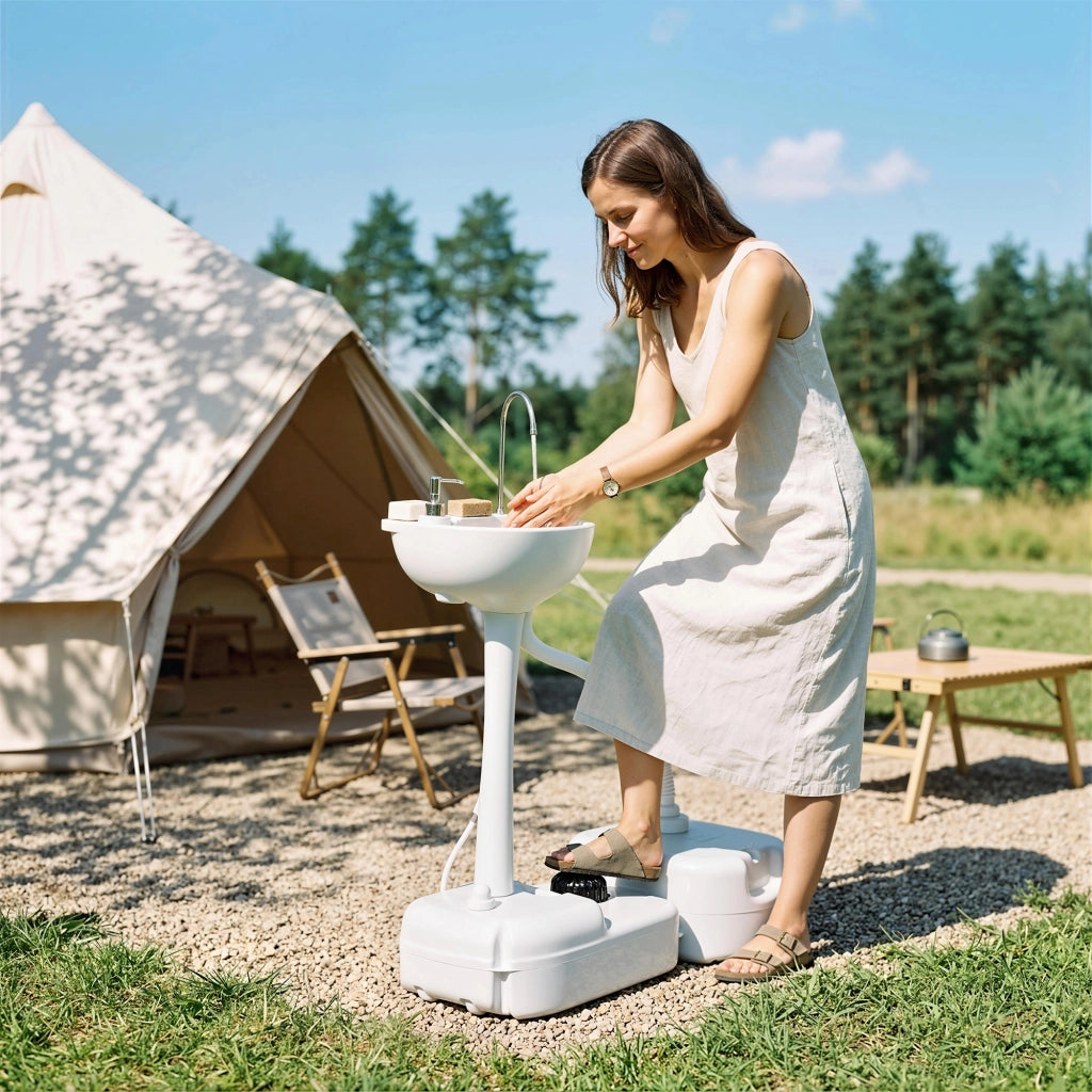 Lavandino Portatile da Campeggio Grigio Chiaro con Serbatoio Acqua 17L, Vasca di Recupero e Dosatore Sapone, Lavamani Mobile con Ruote