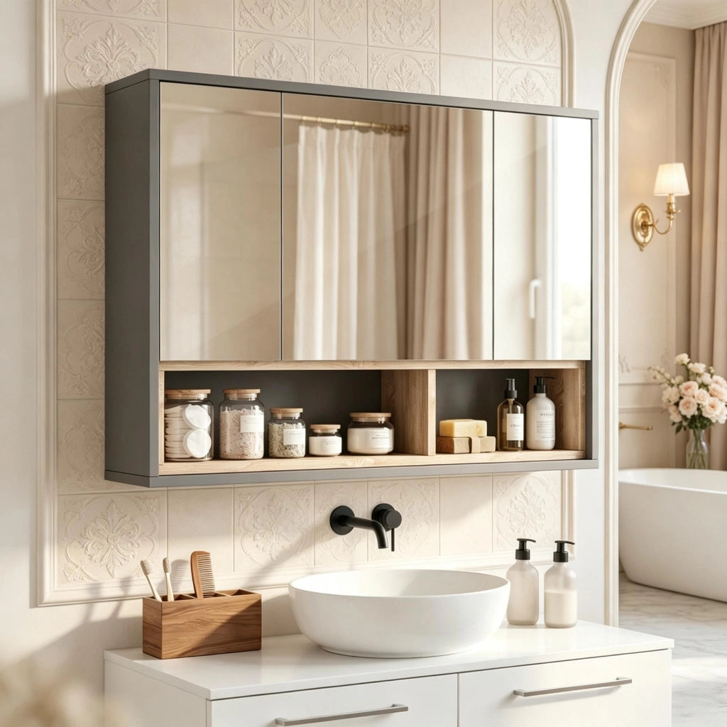 Armadietto a Specchio da Bagno con 3 ante specchio; Mobile bagno con Vano Aperto e 8 Depositi; Mobile Bagno; Grigio; 80x20x60 cm