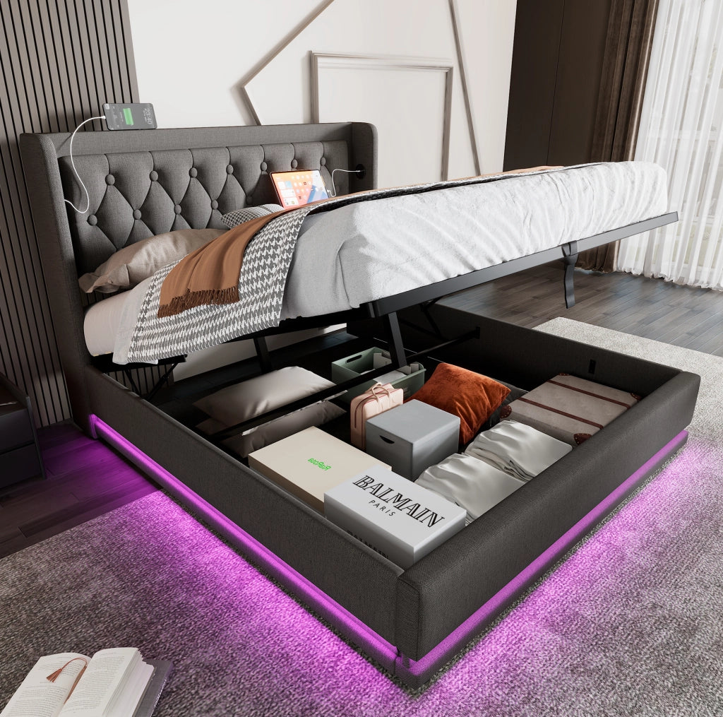 LETTO Contenitore 180x200 cm Grigio in Cotone con USB Type-C e LED