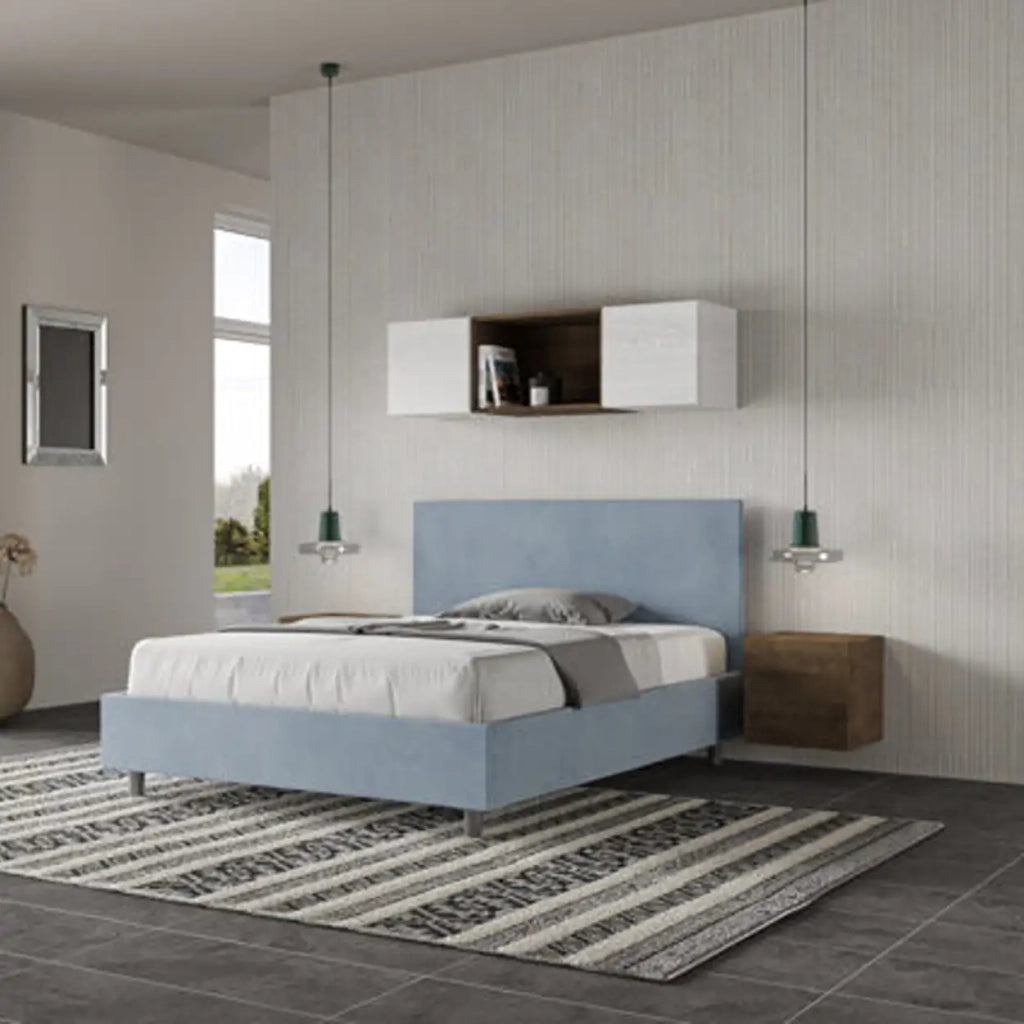 Letto matrimoniale francese senza rete imbottito 140x190 microfibra azzurro Adele
