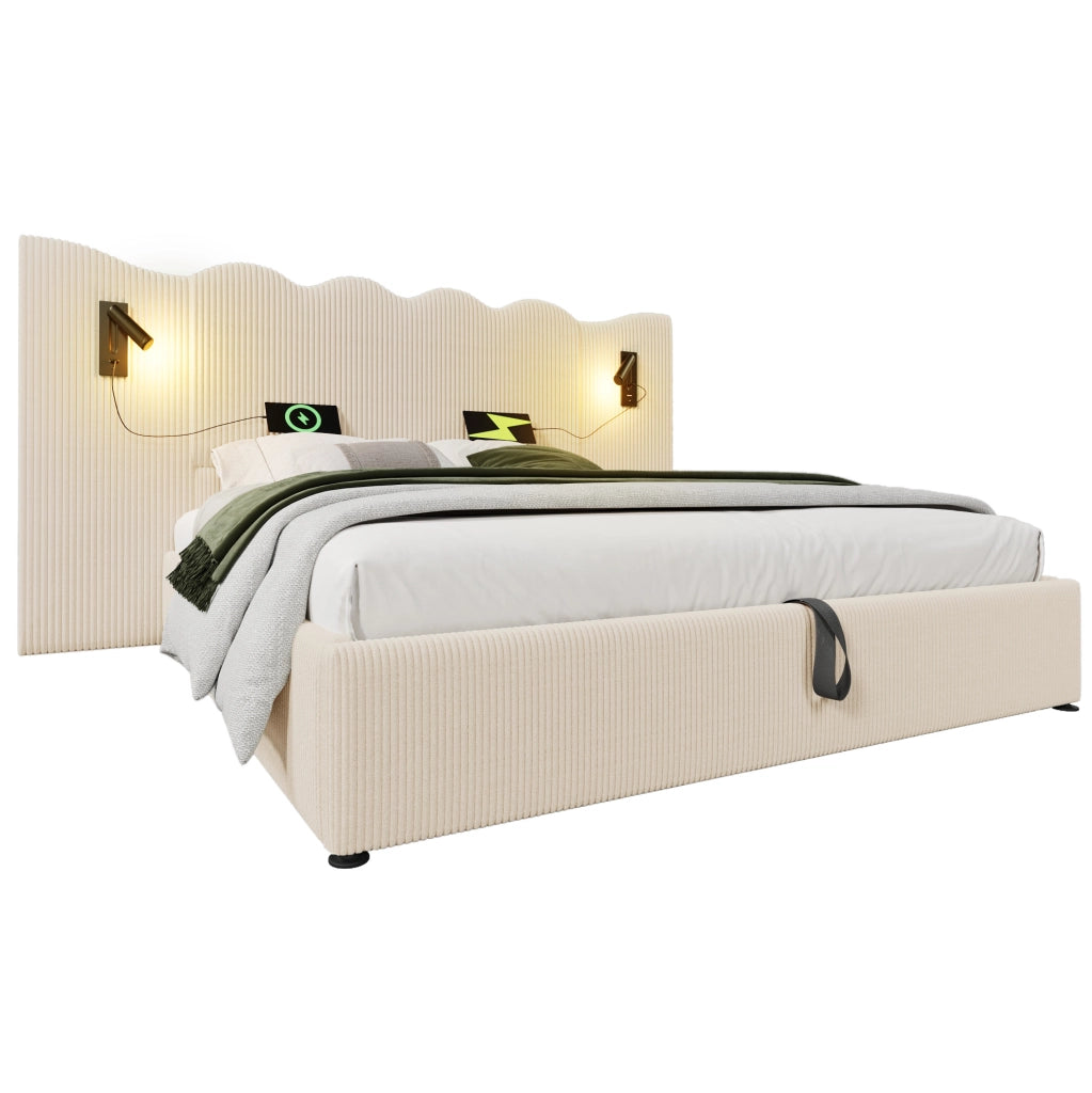 Letto matrimoniale 180x200 beige con contenitore e USB-C