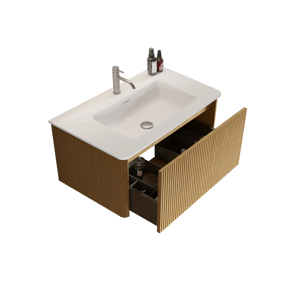 Mobile sottolavabo 80 cm con lavabo in Solid Surface, MDF e compensato rovere