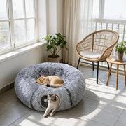 Tunnel per gatti modulabile con cuccia donut e cuscino lavabile grigio chiaro