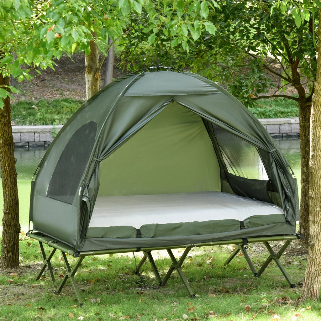 Letto da campeggio rialzato per 2 persone con tenda; materasso gonfiabile e pompa a pedale verde in tessuto Oxford