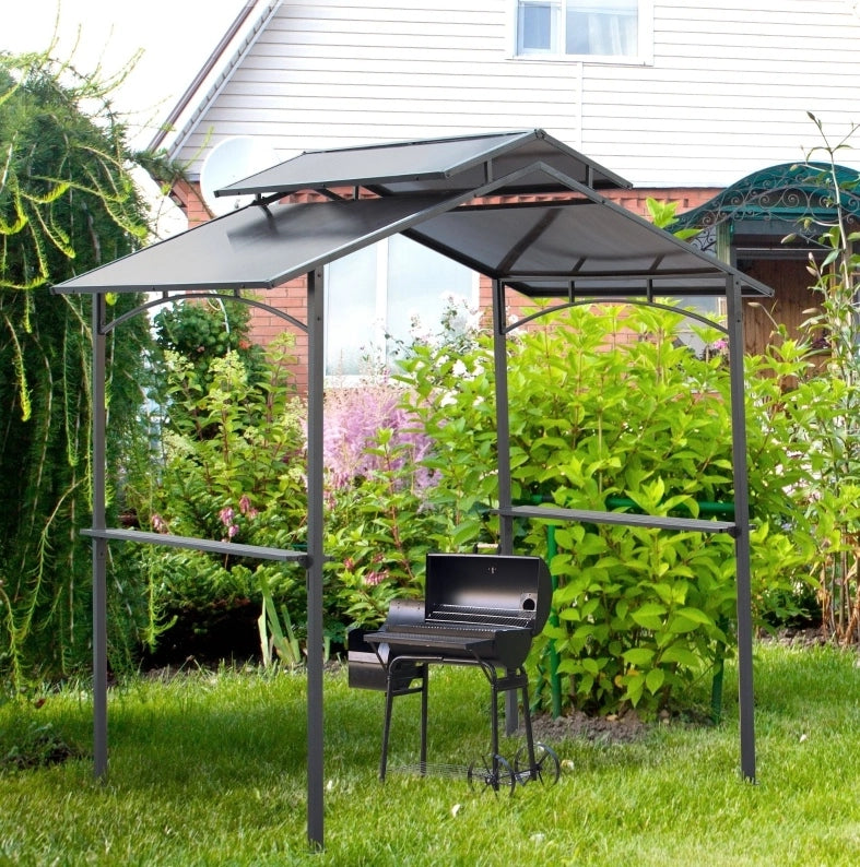Gazebo barbecue 240 x 150 x 250 cm in acciaio nero e marrone con 2 ripiani