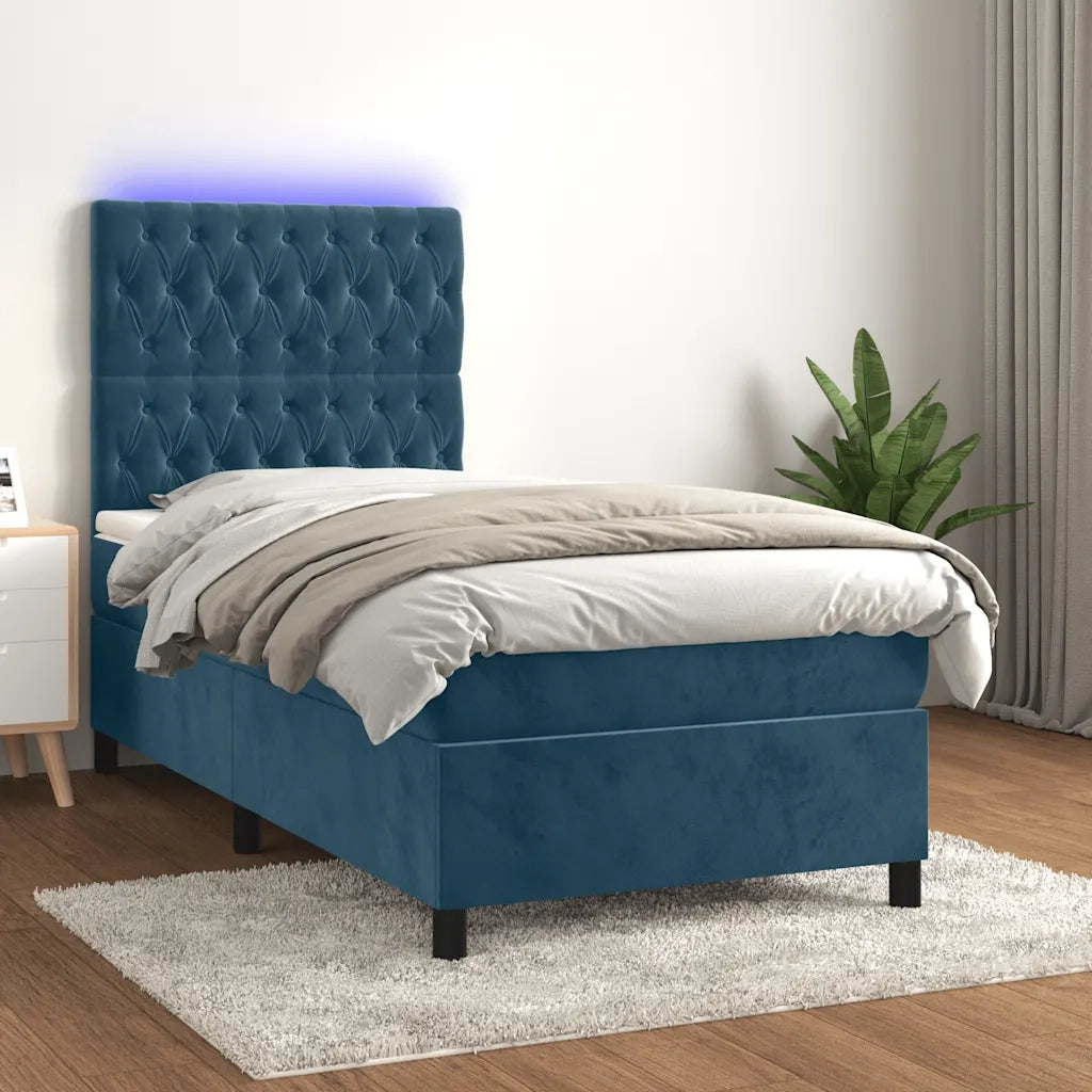 Letto a Molle con Materasso e LED Blu Scuro 80x200cm in Velluto