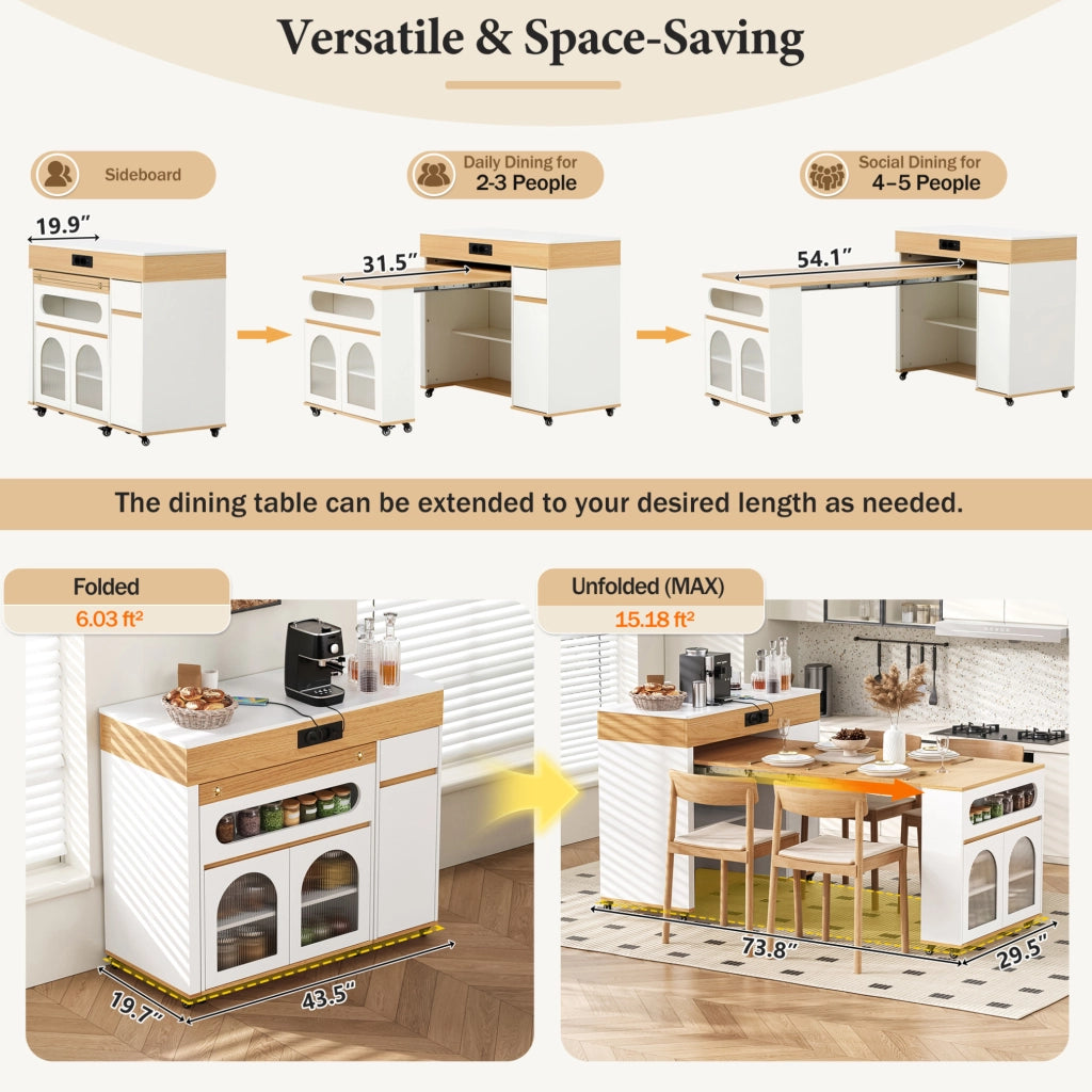 Isola cucina estensibile bianca e naturale con prese integrate