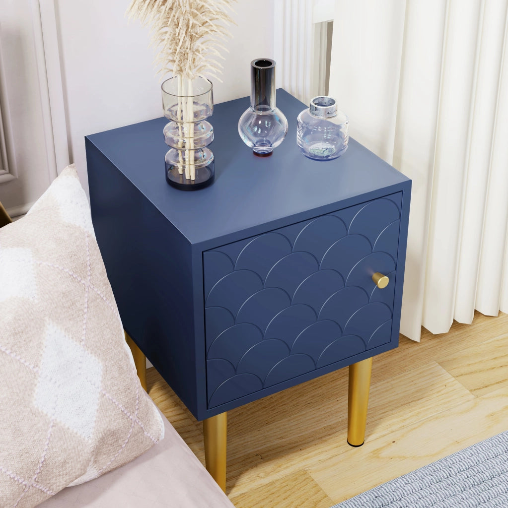 Comodino in truciolare e metallo; blu navy; 35x35x51 cm