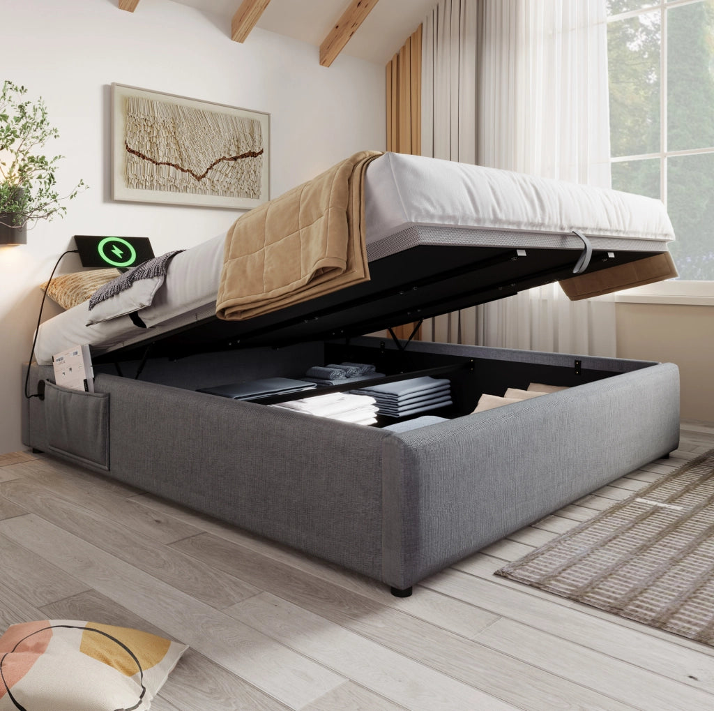 LETTO Contenitore 140x200 cm Grigio in lino con USB e Type-C