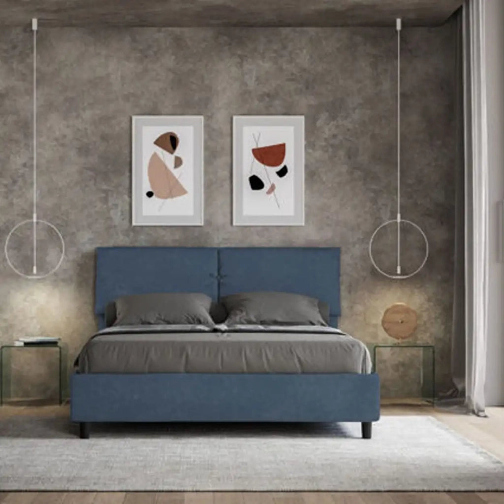 Letto matrimoniale con rete imbottito 160x190 microfibra blu Mados