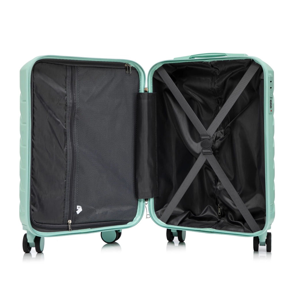 Set valigie ABS 2 pezzi con spinner e combinazione, verde menta: 14"/19" + borsa cosmetica 14