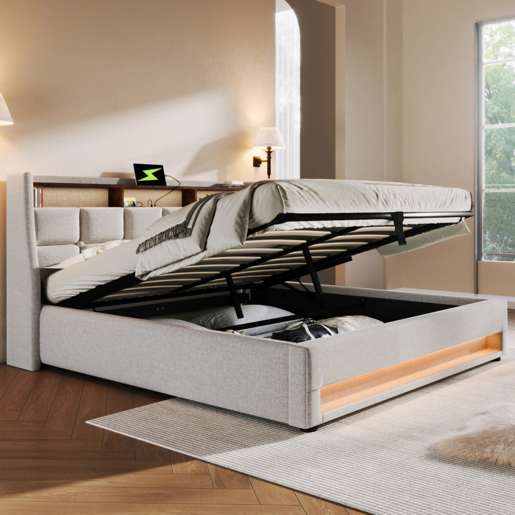 Letto imbottito 140x200 cm con LED e USB