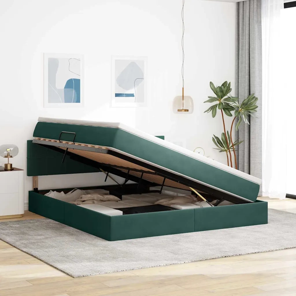 Letto con contenitore e LED Verde Scuro 160 x 200 cm Velluto