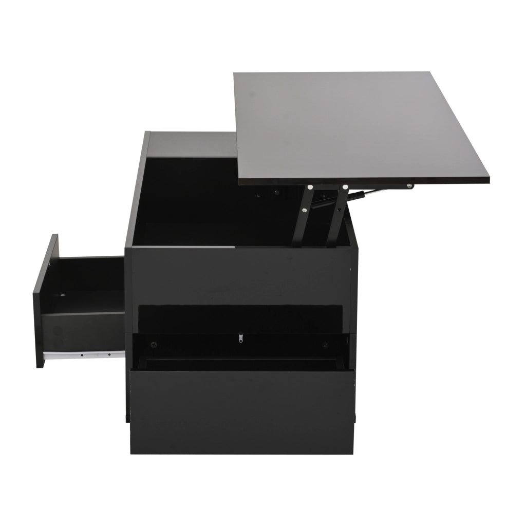 Tavolino da caff¨¨ elevabile 100x50 cm con LED, 2 cassetti e 2 sgabelli nero