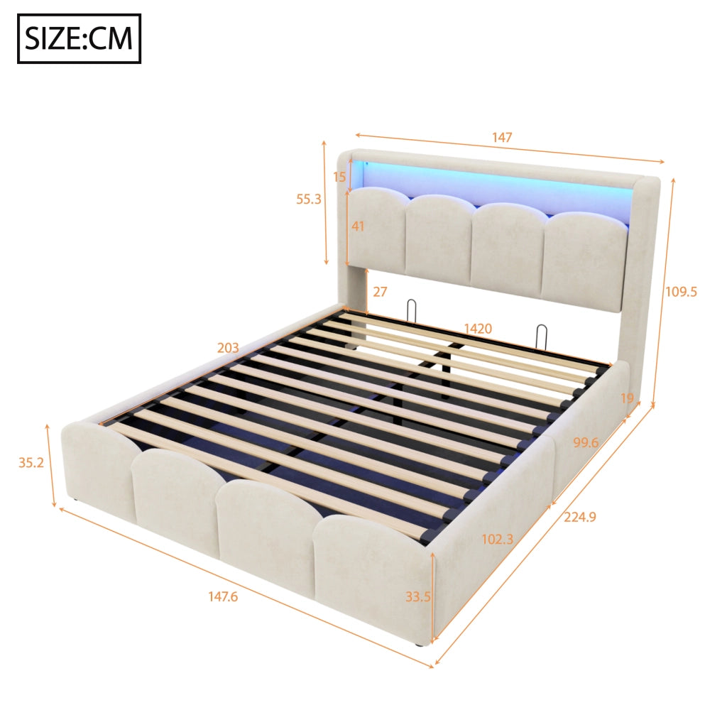 Letto matrimoniale imbottito 140 × 200 cm con contenitore idraulico velluto beige USB e Type-C LED