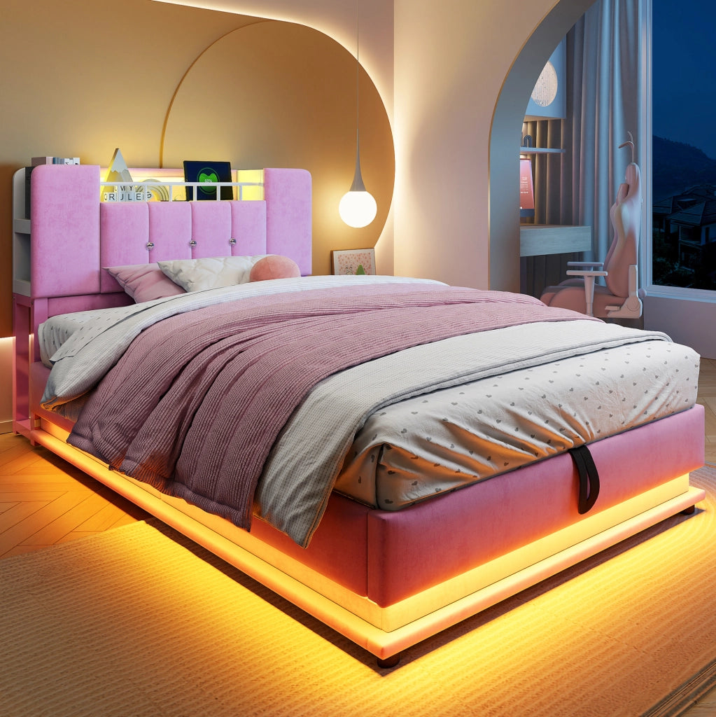 Letto imbottito per bambini con LED, USB e contenitore salvaspazio