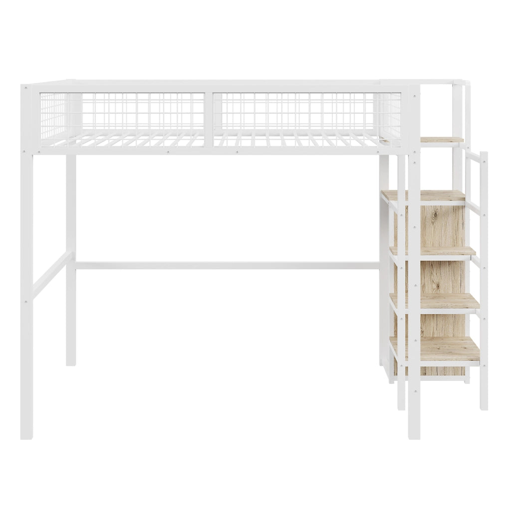 Letto a soppalco 140x200 cm con scala e armadio; bianco